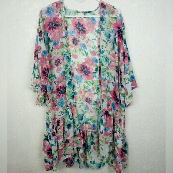 meraki Sweaters - Meraki floral chiffon duster with ruffle details